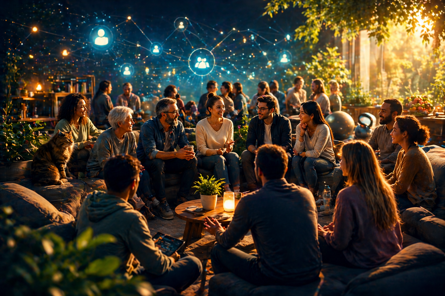 Friendly community scene showing people connecting, sharing support and exchanging life experience