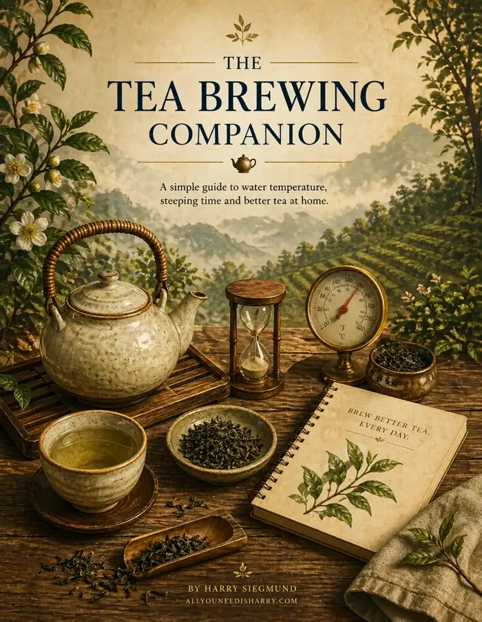 Illustrated tea brewing companion scene with teapot, cup, loose tea, hourglass, thermometer and a small notebook on a warm wooden table