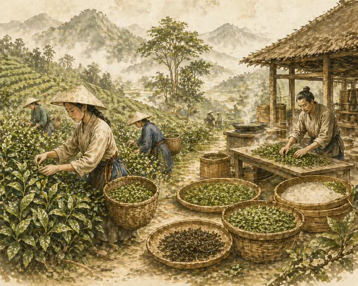Illustrated tea harvest and traditional processing with baskets, leaves and calm tea field atmosphere