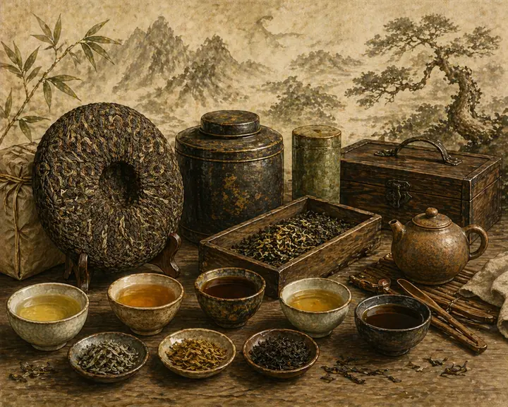 Illustrated rare tea collection with Pu Erh cake, tea tins, small cups and vintage collector atmosphere