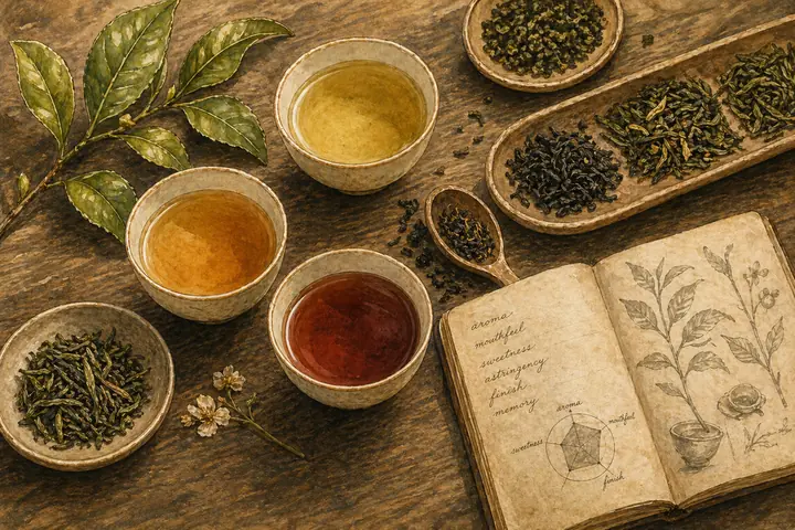 Illustrated tea tasting scene with different tea cups, loose leaves and warm sensory atmosphere
